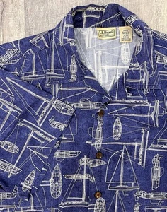Vintage LL Bean Mens Button Up Shirt Medium Sailboat All Over Print Dad Casual - Picture 1 of 9