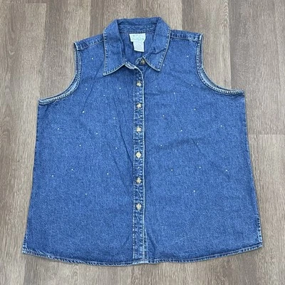 The Quacker Factory Denim Jean Vest Sleeveless Shirt Womens 1X Studded Bling - Image 1 of 4