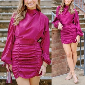 4SI3NNA Jolene Mock Neck Blouson Long Balloon Sleeve Ruched Mini Dress Party XS - Picture 1 of 13