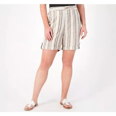 Shorts femininos Denim & Co. Naturals ~ Tamanho M mistura de linho bege detalhe de punho A501331 - Imagem 1 de 4