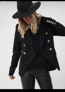 DECJUBA-SIZE 10-CARLY BLACK GOLD DOUBLE BREASTED MILITARY BUTTON BLAZER JACKET - Picture 1 of 13