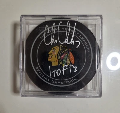 Chris Chelios Firmado e Inscrito Juego Oficial Puck Chicago Blackhawks con Certificado de Autenticidad Foto 1 de 2
