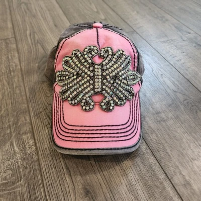 Olive & Pique Hat Bling Flower Butterfly Black Pink Vintage Fade Rhinestone - Image 1 of 4