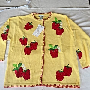 NEW Quacker Factory Sweater Womens 1X Plus Yellow Cardigan Strawberry Beaded - Picture 1 of 20