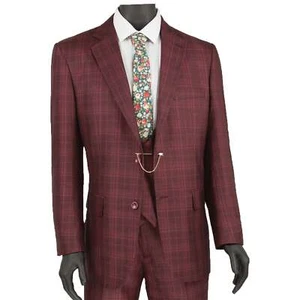VINCI Men's Burgundy Sharkskin Glen Plaid 3pc Classic-Fit Suit - NEW - Picture 1 of 3