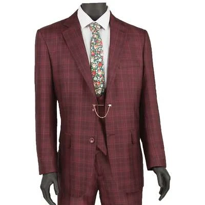 VINCI Men's Burgundy Sharkskin Glen Plaid 3pc Classic-Fit Suit - NEW - Image 1 of 3