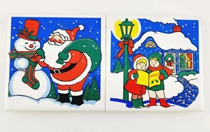 Vtg JSNY 2pc 1982 Footed Ceramic Christmas Tile Trivets 4.25" Santa & Carolers - Picture 1 of 8