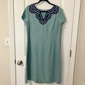 BODEN Linen Dress Womens Size 10 Embroidered Design Large Teal Blue - Picture 1 of 11