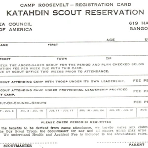 VTG Camp Roosevelt Katahdin Boy Scout Reservation Registration Card Maine Unused - Picture 1 of 3