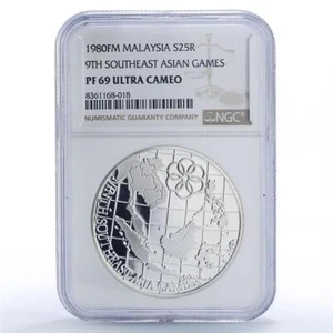 Malaysia 25 ringgit 9th SE Asian Games Map Sports PF69 NGC silver coin 1980 - Picture 1 of 2