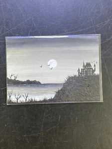 Spooky Castle with bats & moon Halloween Small Painting Signed 2011 - Picture 1 of 11