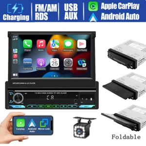 Single 1DIN 7" Car Stereo Radio Apple Carplay Android Auto GPS Flip Out Screen - Picture 1 of 12