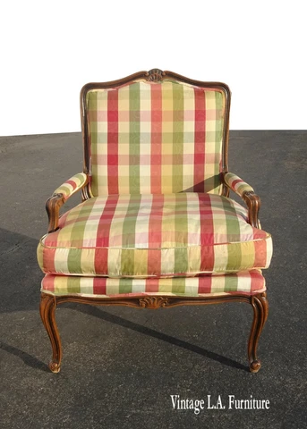 Vintage French Country Red & Green Plaid Accent Chair w Down Cushion Cover