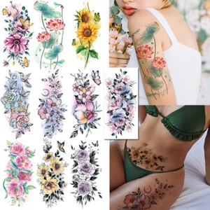 Aquarell Blume Temporäre Tattoos für Frauen Mädchen 10 große Blätter Sexy Flora - Bild 1 von 12