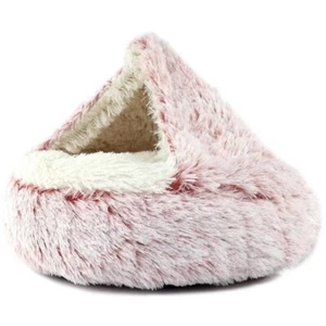 Cat Dog Bed Cave Soft Round Plush Fluffy Hooded Donut Self Warming Pet Sleeping - Picture 1 of 4