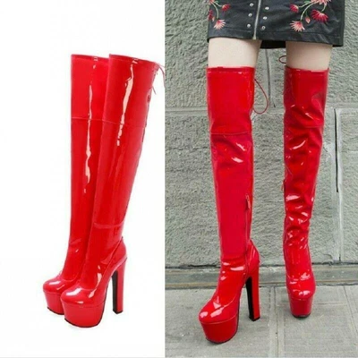 Womens punk 17CM High Chunky Heel Platform Zipper Over the Knee Thigh High Boots - Image 1 of 4
