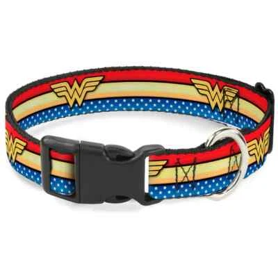 Collar de perro con clip de plástico con hebilla - Wonder Woman rayas/estrellas rojo/dorado/azul 1" Foto 1 de 4