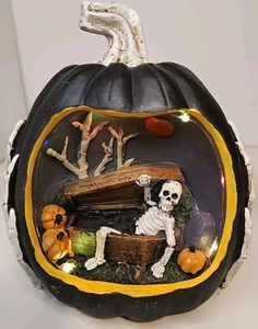 9" Halloween Light Up Black Pumpkin With Skeleton In Coffin Diarama - Picture 1 of 8