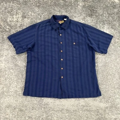 Camisa Hawaiana Caribeña Para Hombres Grande Azul Rayas Texturizada Seda Cuello Lazo Aloha Foto 1 de 4