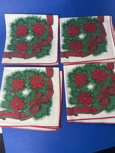 Juego de 4 servilletas navideñas vintage de flor de pascua con lazo a cuadros guirnalda roja verde - Imagen 1 de 6