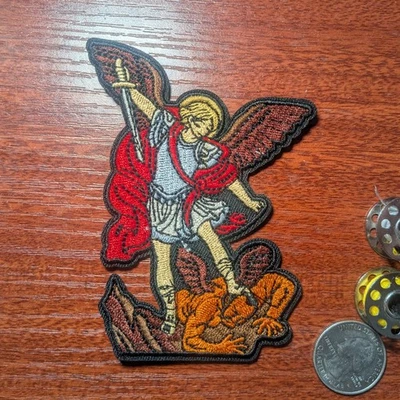 St Michael Patch Good vs Evil Defeat Demons God's Justice Embroidered Iron 4x3" - Image 1 of 3