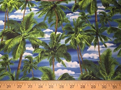 Tropical Palm Trees Blue Cotton Craft Sewing Fabric 28" NEW - Image 1 of 2