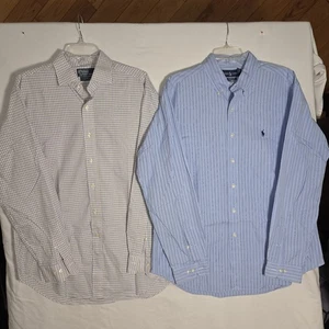 2 Ralph Lauren Polos MENS Large BUTTON UP SHIRTS Blue Checkered & Striped L.S. - Picture 1 of 16