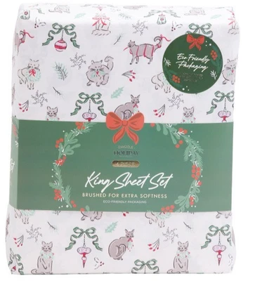Christmas KING Sheet Set Vintage Bows CAT sheets ENVOGUE holiday ornaments NEW