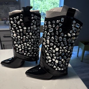 Lauren Lorraine Hana Black Rhinestone Embellished Boots Size 8.5 - Picture 1 of 10