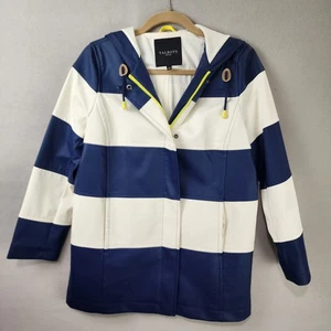 Talbots Petites Classic Stripe Colorblock Raincoat Blue-Cream Small - Picture 1 of 10