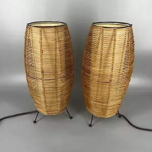 Pair VTG Retro Mid Century Modern MCM Beehive Rattan Wicker Lamp Tripod Base - Picture 1 of 9