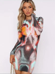 Women Sexy Mini Dress Large Multicolor Round Neck Long Sleeves Stretch Print - Picture 1 of 17