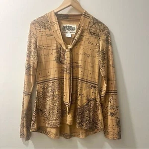 Camicetta Effie’s Cuore Catalina Top Modello Atlante o Mappa Marrone Tan con Nastro Collo M - Foto 1 di 5