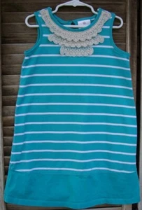 HANNA ANDERSSON aqua blue striped summer dress~120~6-7-8~lace neckline~ - Picture 1 of 3