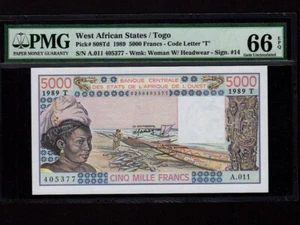 West African States/Togo:P-808Td,5000 Francs,1989 * PMG Gem UNC 66 EPQ *  - Picture 1 of 2