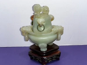 Antique Carved Jade Tripod Incense Burner, Chinese Dragon Foo Dog Carved Natural - Picture 1 of 10