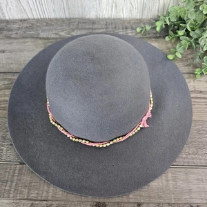 Women's Wool Floppy Hat Gray Wide Brim Petite 21.5" Beaded Band Boho Festival - Picture 1 of 9