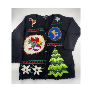 Cárdigan Suéter Vintage Gladys Bagley Mujer Mediano Negro Tejido Vacaciones de Navidad - Imagen 1 de 11