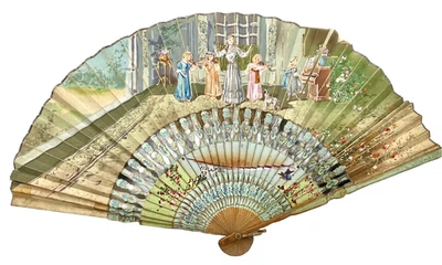 ANTIGUO ABANICO DE MANO ESPAÑOL PLEGADO 16,5", ESCENA JUVENIL, con FUNDA ORIGINAL, c1910 g Foto 1 de 4