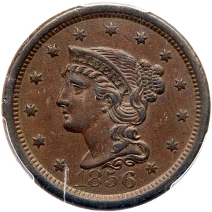 1856 N-10(c) PCGS AU 55 Upright 5 Braided Hair Large Cent Coin 1c - Picture 1 of 3
