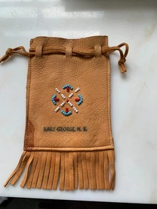Vintage Handmade Native American Deerskin Fringed Pouch Beadwork Lake George NY - Picture 1 of 8