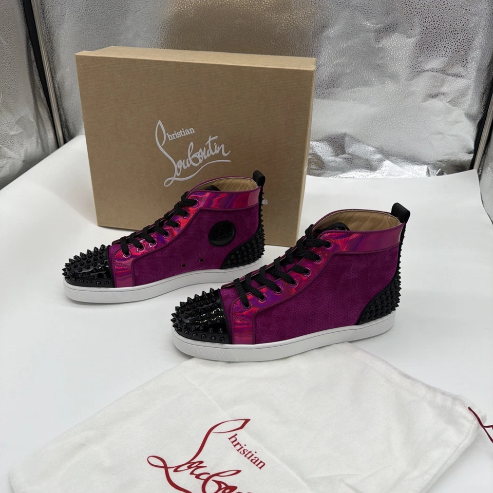 CHRISTIAN LOUBOUTIN 尺码 11 Lou Spikes 2 紫色黑色绒面革运动鞋 全新无标签 — 第 1/4 张图片