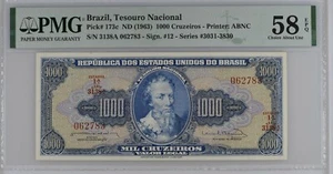BRAZIL 1000 CRUZEIROS ND (1963)P173c PMG 58 CHOICE AU EPQ MISALIGNMENT ERROR - Picture 1 of 2
