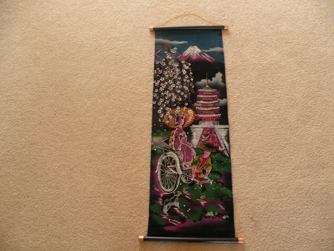 VINTAGE HAND PAINTED BLACK GLITTER VELVET FABRIC LADY IN RICKSHAW DOG FLOWERS Cover