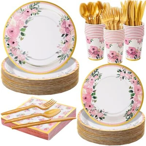 350 Pcs Floral Party Supplies Tableware Set Disposable 9'' 7'' Paper Plates 9 Oz - Picture 1 of 7