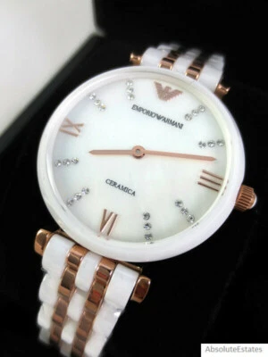 NEW Emporio Armani Rose Gold White Ceramic MOP Dial Ladies Watch AR1489 NIB NWT - Image 1 of 4