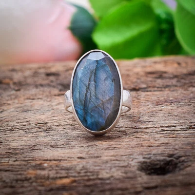 Pietra Labradorite 925 Argento Sterling Artigianale Anello Gioielli Tutti Misura - Immagine 1 di 4