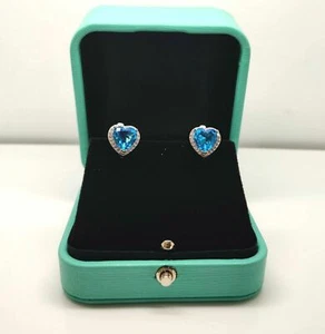 White gold finish blue topaz and created diamond heart earrings - Picture 1 of 4