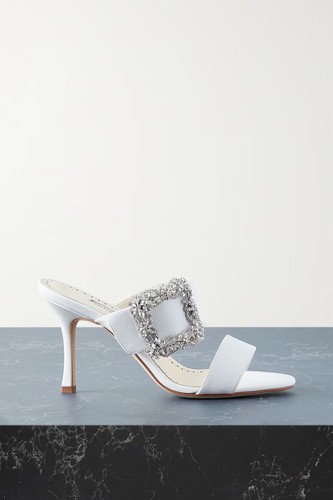 MBT Manolo Blahnik Gable Jewel 90 Sandali Tacchi Crema Bianco Seta 38 Nuovi con scatola $985