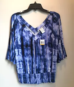 American Rag Cie Blouse Shirt Women Small Blue Tie Dye 3/4 Sleeve V Neck Stretch - Picture 1 of 9